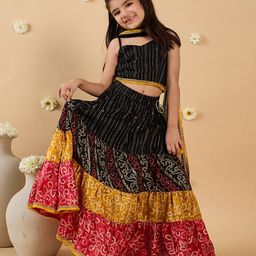 Pspeaches Cotton Sleeveless Bandhani Printed & Foil Striped Lehenga Choli With Dupatta Set - Black-image-83