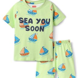 Babyhug Cotton Knit Half Sleeves Shorts Co-Ord Night Suit With Boat Print - Light Green-image-73