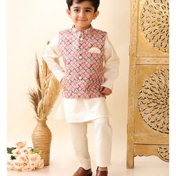Superminis Cotton Full Sleeves Solid Kurta Pyjama With Abstract Printed Jacket - Cream-image-20
