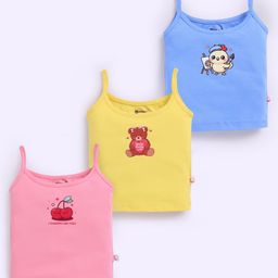 MOONKIDS 100% Cotton Knit Pack Of 3 Sleeveless Bird & Cherries Printed Camisoles - Yellow Deep Blue & Pink-image-64