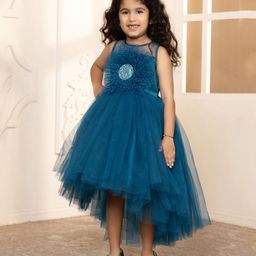 Toy Balloon Kids Net Sleeveless Floral Applique Detailed & Sequins Embellished Layered High Low Dress - Teal Blue-image-90