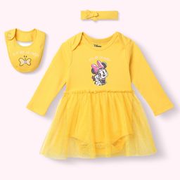 Nautinati Cotton Mickey & Friends Featuring Full Sleeves Minnie Mouse Printed Dress With Headband & Bib Set - Yellow-image-9