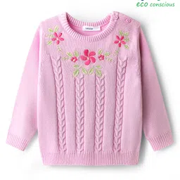 Babyoye 100% Cotton Knit Full Sleeves Pullover Sweater with Floral & Cable Knit Design - Light Pink-picture-6