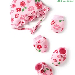 Babyoye 100% Cotton Knit with Eco Jiva Finish Cap with Knot Mittens & Booties Set with Floral Print Pink - Diameter 24 cm-picture-46