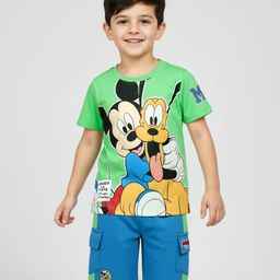Babyhug Disney Single Jersey Knit Half Sleeves T-Shirt & Shorts Set with Mickey Mouse Graphics & Badge Detailing - Blue & Green-picture-44