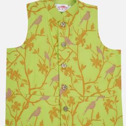 Little Bansi Cotton Woven Sleeveless Floral & Humming Bird Embroidered Nehru Jacket - Parrot Green-image-13