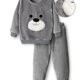 Mark & Mia Kit Full Sleeves Winter Wear Fur Sweatshirt & Lounge Pant Set with Bear Patch Detailing - Grey-picture-33