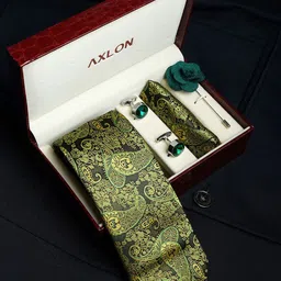 AXLON Men Paisley Printed Tie Pocket Square Cufflink & Flower Pin Accessory Gift Set-42