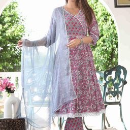 SINGNI Women Ethnic Motifs Printed Angrakha Thread Work Pure Cotton Kurta with Trousers & With Dupatta-picture-34