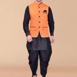 PRINTINDIA Mandarin Collar Pure Silk Straight Kurta With Dhoti Pants & Nehru jacket-image-87