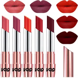 VOLO Set Of 5 Creme Matte Lipstick-Dark Peach- Rose Pink- Coral- Tomato Red- Maroon-37