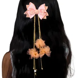 Kamule Girls Peach Embellished Flare Net Pom-Pom Tassels Alligator Hair Clip-picture-30
