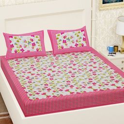 Aura White & Pink Floral Printed 144 TC Cotton Queen Bedsheet Set 2.10 m x 2.30 m-image-64