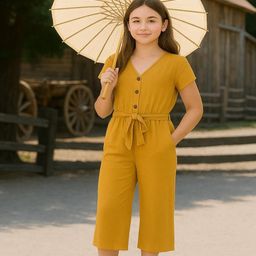 Naida Girls Mustard Color V-Neck Jumpsuit Has Waist Tie-Ups-image-17