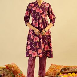 Indo Era Women Floral Printed Regular Pure Cotton Kurta with Trousers-image-68