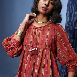 Taavi Women Ikat Tie-Up Neck Puff Sleeves Empire Top-image-24