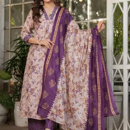 Gilori Floral Printed V-Neck Pure Cotton A-Line Kurta With Trousers & Dupatta-picture-11