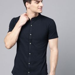 ManQ CASUAL Men Navy Blue Slim Fit Solid Knitted Casual Shirt-image-25