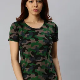 JUNEBERRY Women Green & Black Cotton Camouflage Printed Round Neck T-shirt-image-67
