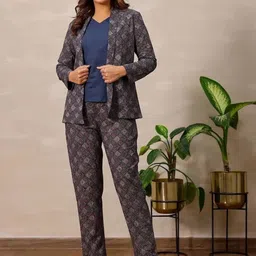 Vivika Ajrakh Printed Shawl Neck Pure Cotton Blazer And Trousers With Inner-picture-28