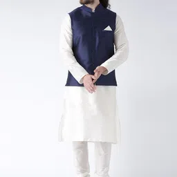DEYANN Men Navy & Off-White Solid Kurta with Pyjamas & Nehru Jacket-picture-2