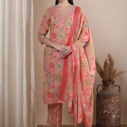 FASHOR Women Floral Printed Regular Pure Cotton Kurta with Trousers & With Dupatta-image-86