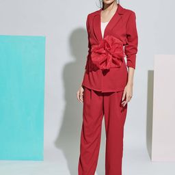 WEAVING CULT Red Power Suit With Gathered 3D Flower Belt-picture-32