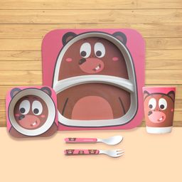 THE LITTLE LOOKERS Eco Friendly Bamboo Fibre 5 Pcs Kids Dining Set Bear Print - 5 Pieces-picture-21