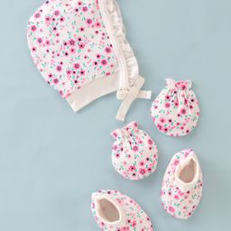 Doodle Poodle 100% Cotton Floral Print Cap Mittens & Booties Set White - Diameter 16 cm-image-22