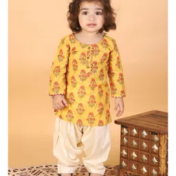 Vastramay Full Sleeves Floral Printed Kurta & Patiala Set - Mustard & Cream-picture-24