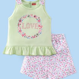 Babyhug Single Jersey Sleeveless Night Suit Floral Print - Pink White & Green-image-47