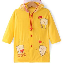 Babyhug Full Sleeves Below Knee Length Hooded Raincoat Cat Print - Yellow-image-36