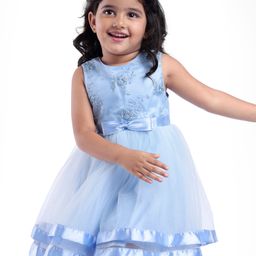 Babyhug Woven Sleeveless Floral Embroidered Party Wear Frock with Bow Applique - Blue-image-11