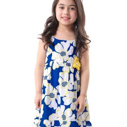 Babyhug Viscose Woven Sleeveless Frock with Head Band Floral Print - Blue & White-image-56