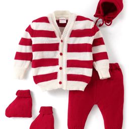 Babyhug Knitted Full Sleeves Striped Sweater Set with Cap & Booties - Red & White-image-14