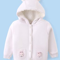 Babyhug Knitted Full Sleeves Hooded Front Open Sweater with Fox Applique - White-image-15