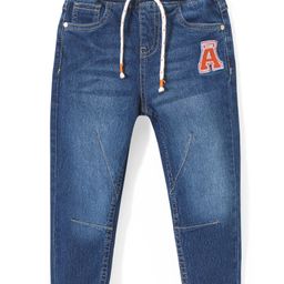 Babyhug Cotton Full Length Stretchable Denim Washed Jeans with Patch Work Detailing - Blue-image-8
