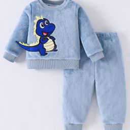 Kookie Kids Full Sleeves Winter Night Suit With Dino Applique - Light Blue-image-66