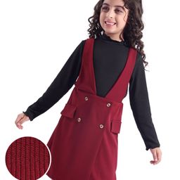 Hola Bonita Knit Full Sleeves Knee Length A LineTop & Skirt Set withButton & Pocket Detailing - Maroon & Black-image-49