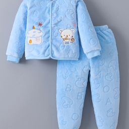 Kookie Kids Full Sleeves Front Open Winter Wear T-Shirt & Lounge Pant Set with Bear Patch - Light Blue-image-15