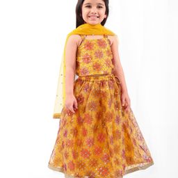 Babyhug Organza Woven Sleeveless Singlet Sleeves Sequinned Floral Embroidered Lehenga Choli & Dupatta Set- Yellow-image-30