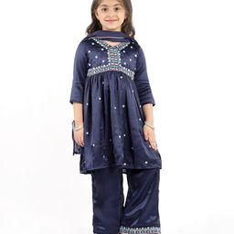 Babyhug Woven Three Fourth Sleeves Kurta Palazzo Set With Dupatta & Floral Embroidery - Navy Blue-image-20
