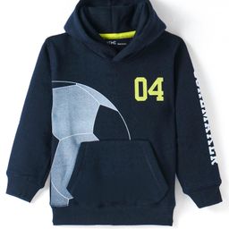 Doreme Fleece Knitted Full Sleeves Hooded Sweatshirt With Text Print - Navy Blue-image-10