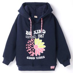 Olio Kids Fleece Knit Full Sleeves Hooded Sweatshirt with Text & Butterfly Print - Navy Blue-picture-19