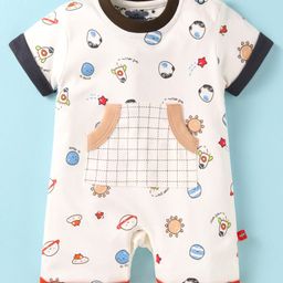 Mini Taurus Cotton Knit Half Sleeves Romper With Space Theme Print - Rust Orange-15