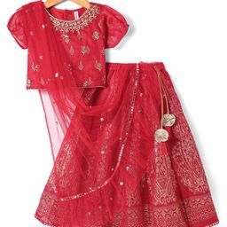 Babyhug Woven Short Sleeves Floral Embroidered & Foil Printed Choli Lehenga with Dupatta- Red-image-47