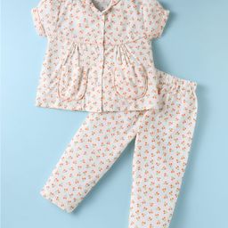 Dew Drops Poplin Woven Puffed Sleeves Co-Ord Night Suit With Floral Print - White & Peach-image-87