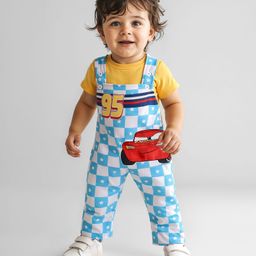 Babyhug Disney Single Jersey Knit Half Sleeves T-Shirt & Dungaree with Cars Graphics - Yellow-image-44