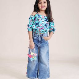 Kiddopanti Cold Shoulder Sleeves Floral Printed Top & Denim Jeans Set - Multi Colour-image-30