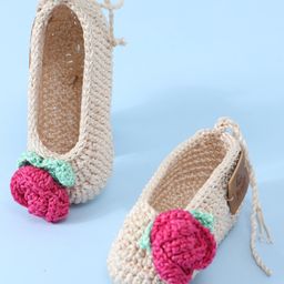 Funkrafts Handmade Crochet Designed Floral Applique Detailed Booties - Beige & Pink-21